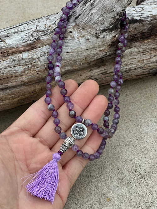 Amethyst Mala 108 Beads – Hand Knotted Tibetan Silver Guru Bead Meditation Prayer Necklace