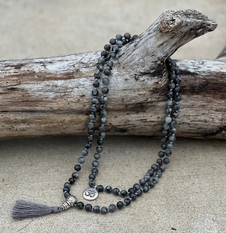 Labradorite 108 Beads Knotted Mala Prayer Meditation Yoga Chakra With Free Wooden Gift Box - Fast Shipping