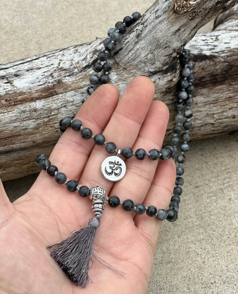 Labradorite 108 Beads Knotted Mala Prayer Meditation Yoga Chakra With Free Wooden Gift Box - Fast Shipping