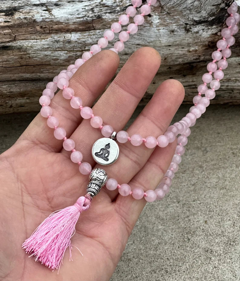 Rose Quartz Mala 108 Beads – Hand Knotted Tibetan Silver Guru Bead Meditation Prayer Necklace