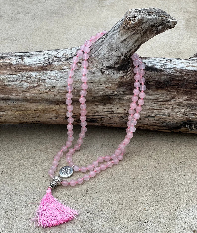 Rose Quartz Mala 108 Beads – Hand Knotted Tibetan Silver Guru Bead Meditation Prayer Necklace