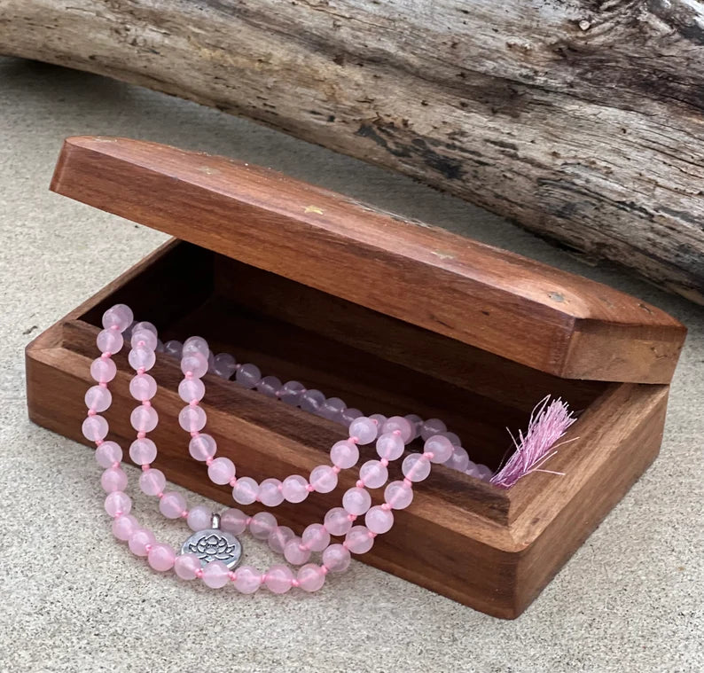 Rose Quartz Mala 108 Beads – Hand Knotted Tibetan Silver Guru Bead Meditation Prayer Necklace