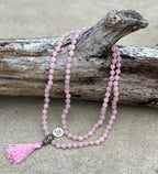 Rose Quartz Mala 108 Beads – Hand Knotted Tibetan Silver Guru Bead Meditation Prayer Necklace