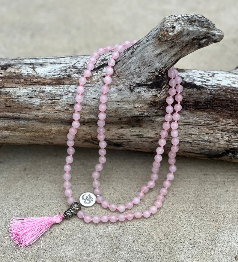 Rose Quartz Mala 108 Beads – Hand Knotted Tibetan Silver Guru Bead Meditation Prayer Necklace