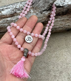 Rose Quartz Mala 108 Beads – Hand Knotted Tibetan Silver Guru Bead Meditation Prayer Necklace