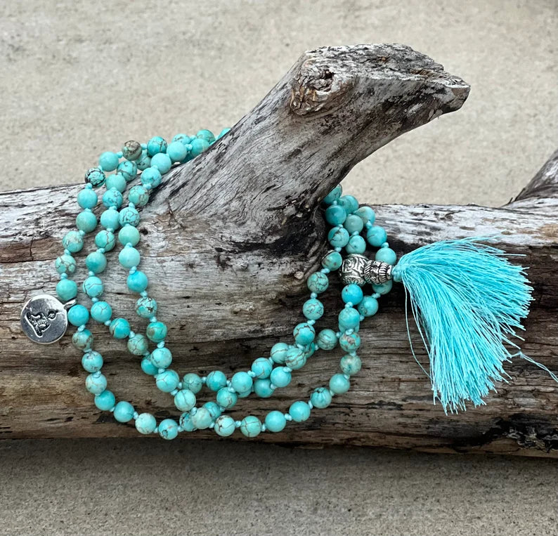 Turquoise 108 Beads Knotted Mala Prayer Meditation Yoga Chakra With Free Wooden Gift Box - Fast Shipping