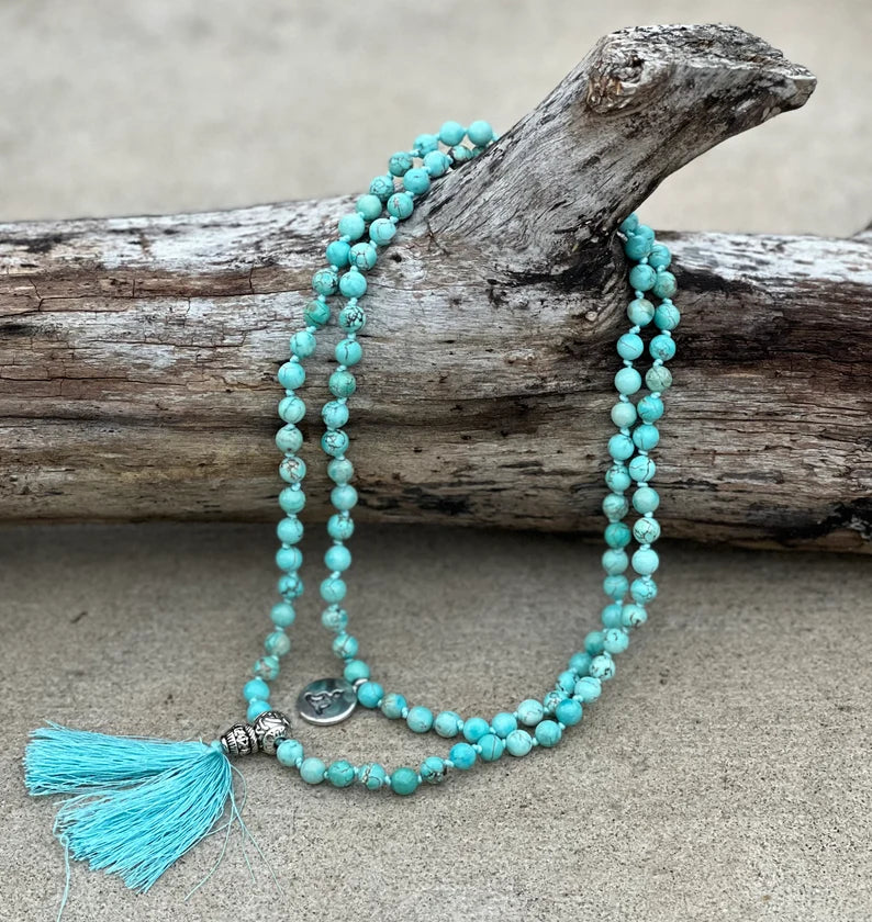 Turquoise 108 Beads Knotted Mala Prayer Meditation Yoga Chakra With Free Wooden Gift Box - Fast Shipping - DharmaObjects