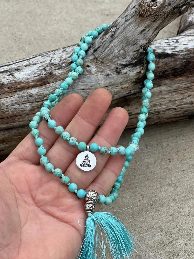 Turquoise 108 Beads Knotted Mala Prayer Meditation Yoga Chakra With Free Wooden Gift Box - Fast Shipping