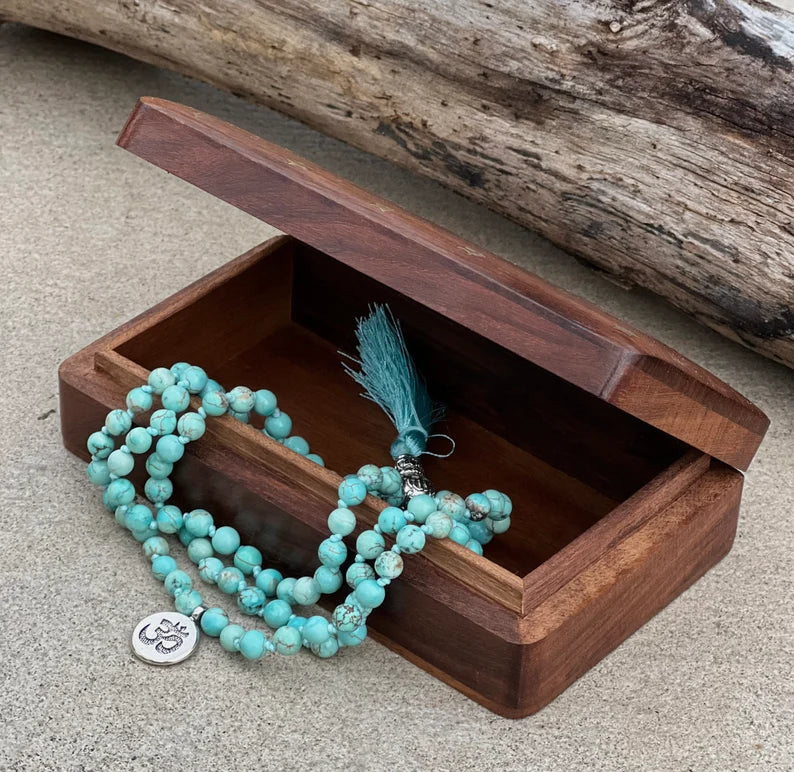 Turquoise 108 Beads Knotted Mala Prayer Meditation Yoga Chakra With Free Wooden Gift Box - Fast Shipping - DharmaObjects