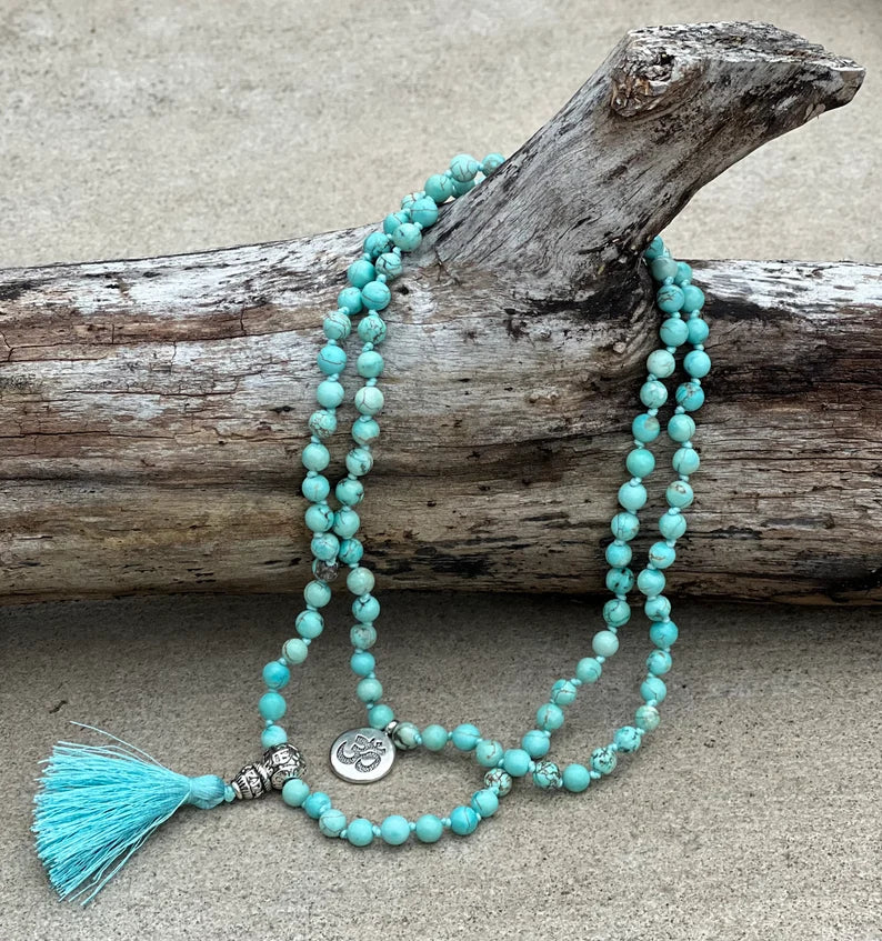 Turquoise 108 Beads Knotted Mala Prayer Meditation Yoga Chakra With Free Wooden Gift Box - Fast Shipping - DharmaObjects