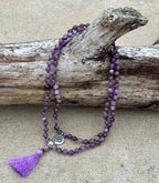 Amethyst Mala 108 Beads – Hand Knotted Tibetan Silver Guru Bead Meditation Prayer Necklace