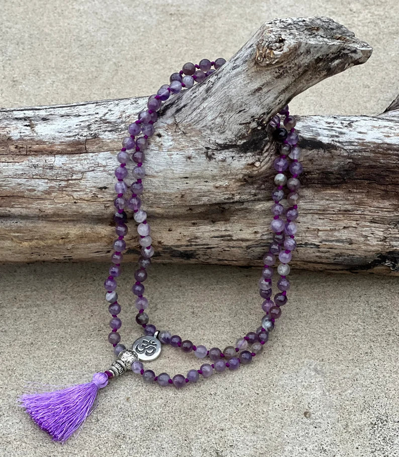 Amethyst Mala 108 Beads – Hand Knotted Tibetan Silver Guru Bead Meditation Prayer Necklace