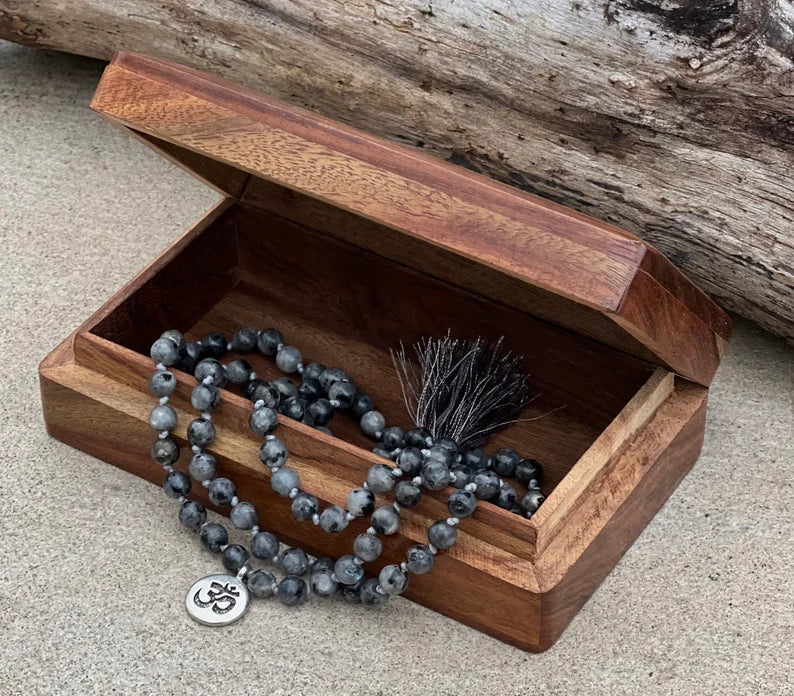 Labradorite 108 Beads Knotted Mala Prayer Meditation Yoga Chakra With Free Wooden Gift Box - Fast Shipping