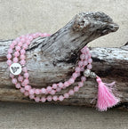 Rose Quartz Mala 108 Beads – Hand Knotted Tibetan Silver Guru Bead Meditation Prayer Necklace