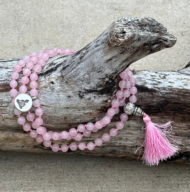 Rose Quartz Mala 108 Beads – Hand Knotted Tibetan Silver Guru Bead Meditation Prayer Necklace