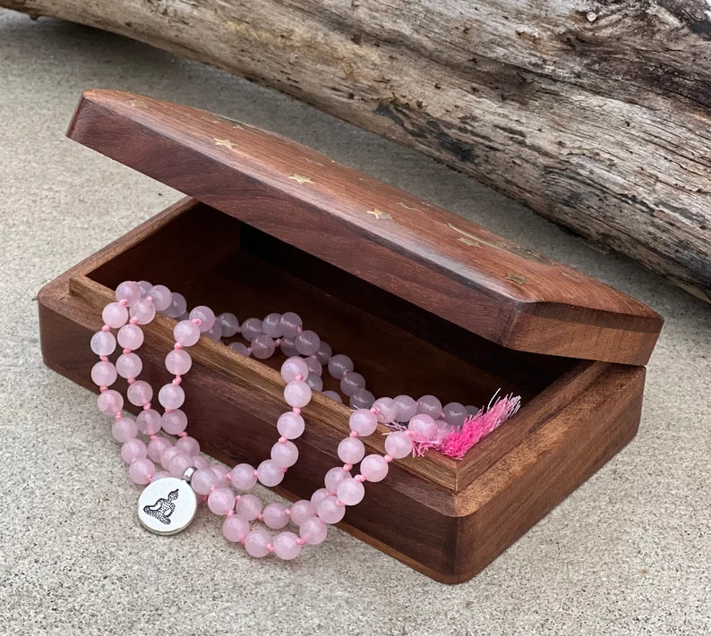 Rose Quartz Mala 108 Beads – Hand Knotted Tibetan Silver Guru Bead Meditation Prayer Necklace