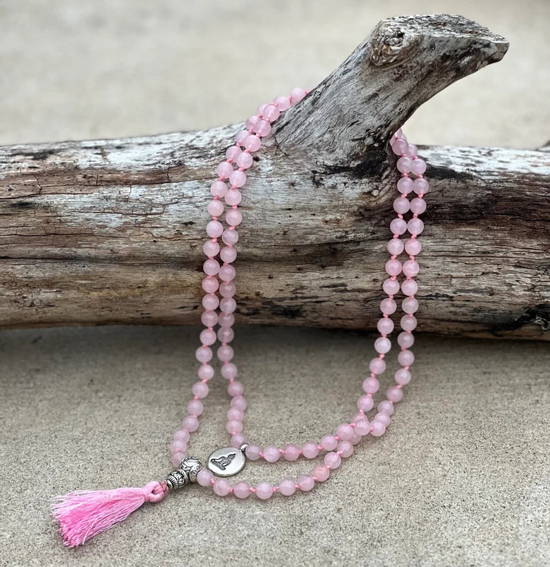 Rose Quartz Mala 108 Beads – Hand Knotted Tibetan Silver Guru Bead Meditation Prayer Necklace
