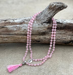 Rose Quartz Mala 108 Beads – Hand Knotted Tibetan Silver Guru Bead Meditation Prayer Necklace