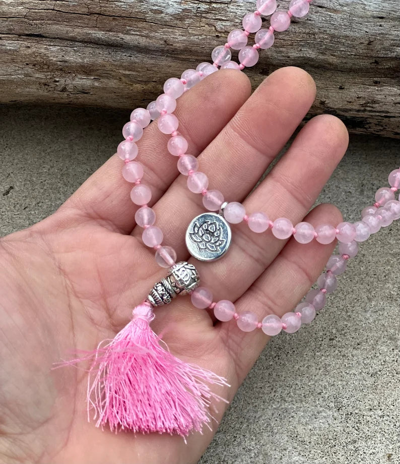 Rose Quartz Mala 108 Beads – Hand Knotted Tibetan Silver Guru Bead Meditation Prayer Necklace