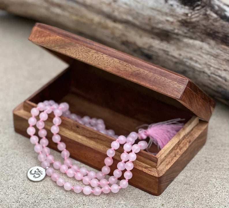 Rose Quartz Mala 108 Beads – Hand Knotted Tibetan Silver Guru Bead Meditation Prayer Necklace
