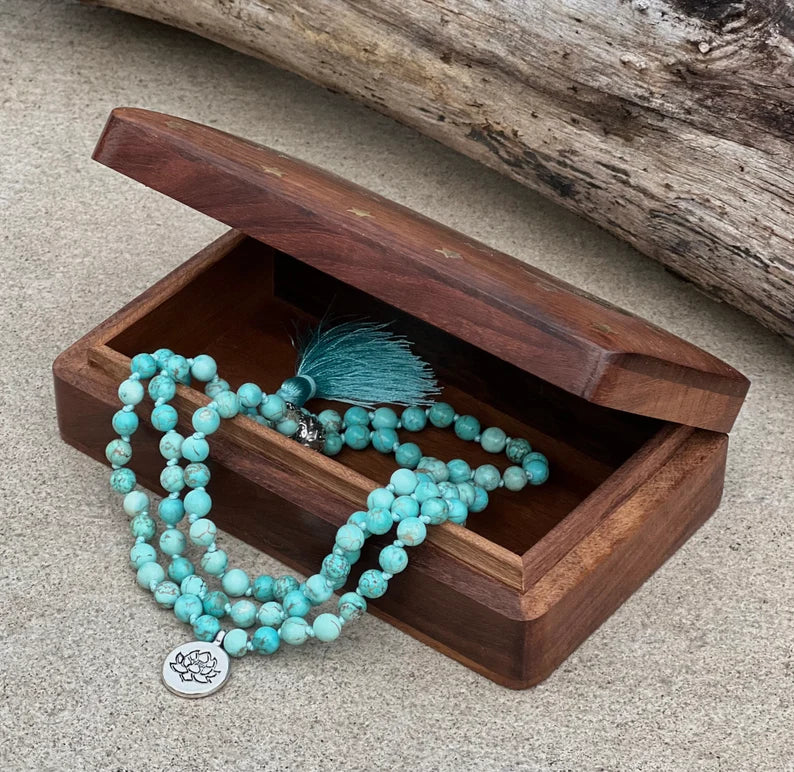 Turquoise 108 Beads Knotted Mala Prayer Meditation Yoga Chakra With Free Wooden Gift Box - Fast Shipping