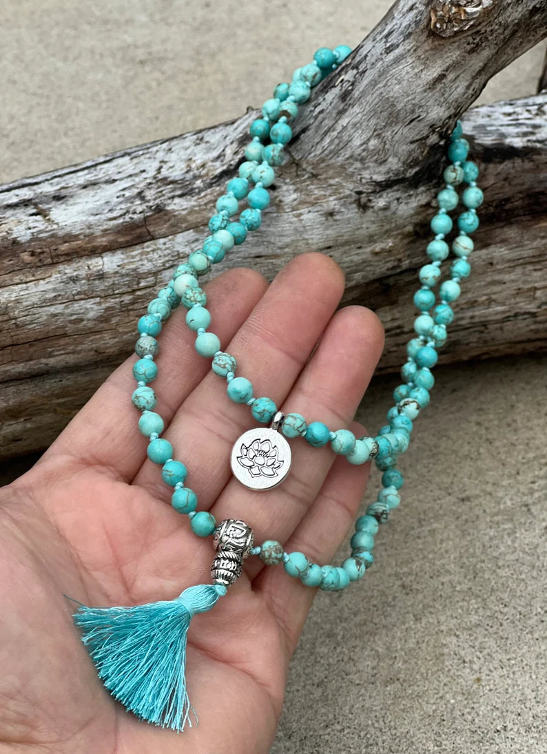 Turquoise 108 Beads Knotted Mala Prayer Meditation Yoga Chakra With Free Wooden Gift Box - Fast Shipping - DharmaObjects