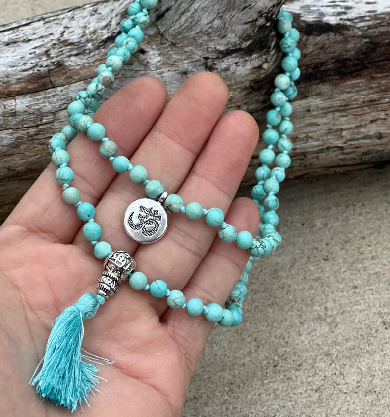 Turquoise 108 Beads Knotted Mala Prayer Meditation Yoga Chakra With Free Wooden Gift Box - Fast Shipping - DharmaObjects