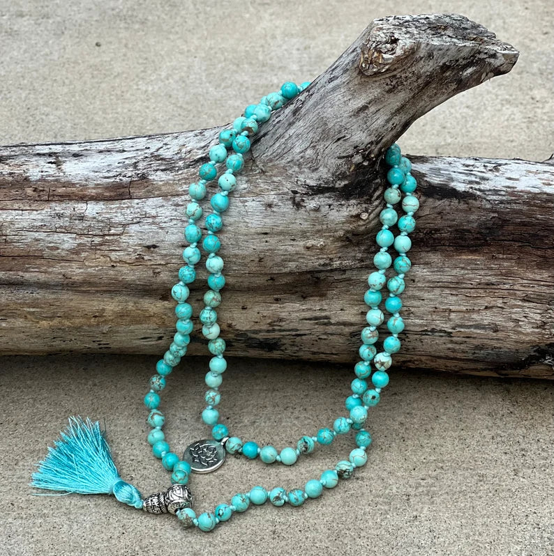 Turquoise 108 Beads Knotted Mala Prayer Meditation Yoga Chakra With Free Wooden Gift Box - Fast Shipping - DharmaObjects
