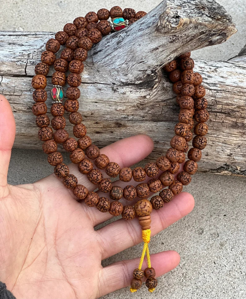 Hindu Yoga Natural Rudraksha 108 And 21 Beads Mala Necklace Bracelet Free Pouch