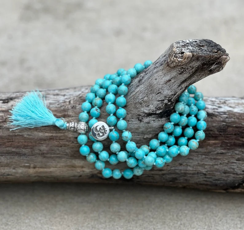 Tibetan Om Healing Stone 108 Beads Knotted Mala Prayer Meditation Yoga Chakra With Silver Guru Bead And Free Wooden Gift Box - DharmaObjects
