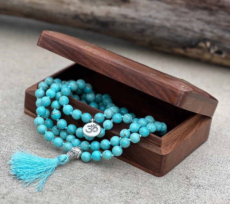 Tibetan Om Healing Stone 108 Beads Knotted Mala Prayer Meditation Yoga Chakra With Silver Guru Bead And Free Wooden Gift Box