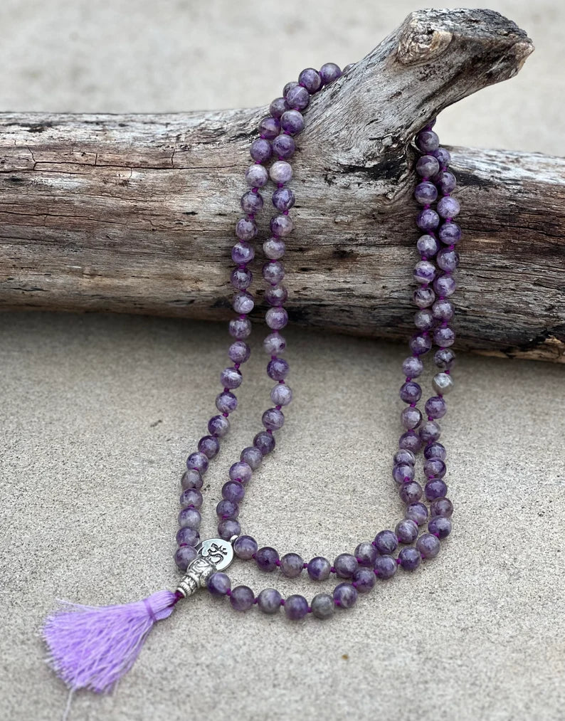 Tibetan Om Healing Stone 108 Beads Knotted Mala Prayer Meditation Yoga Chakra With Silver Guru Bead And Free Wooden Gift Box - DharmaObjects