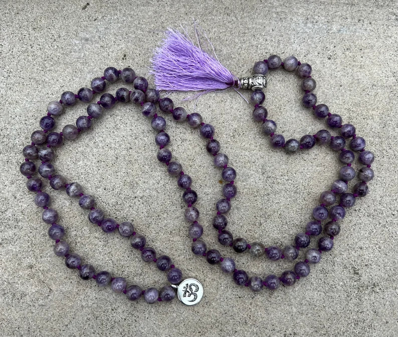 Tibetan Om Healing Stone 108 Beads Knotted Mala Prayer Meditation Yoga Chakra With Silver Guru Bead And Free Wooden Gift Box - DharmaObjects