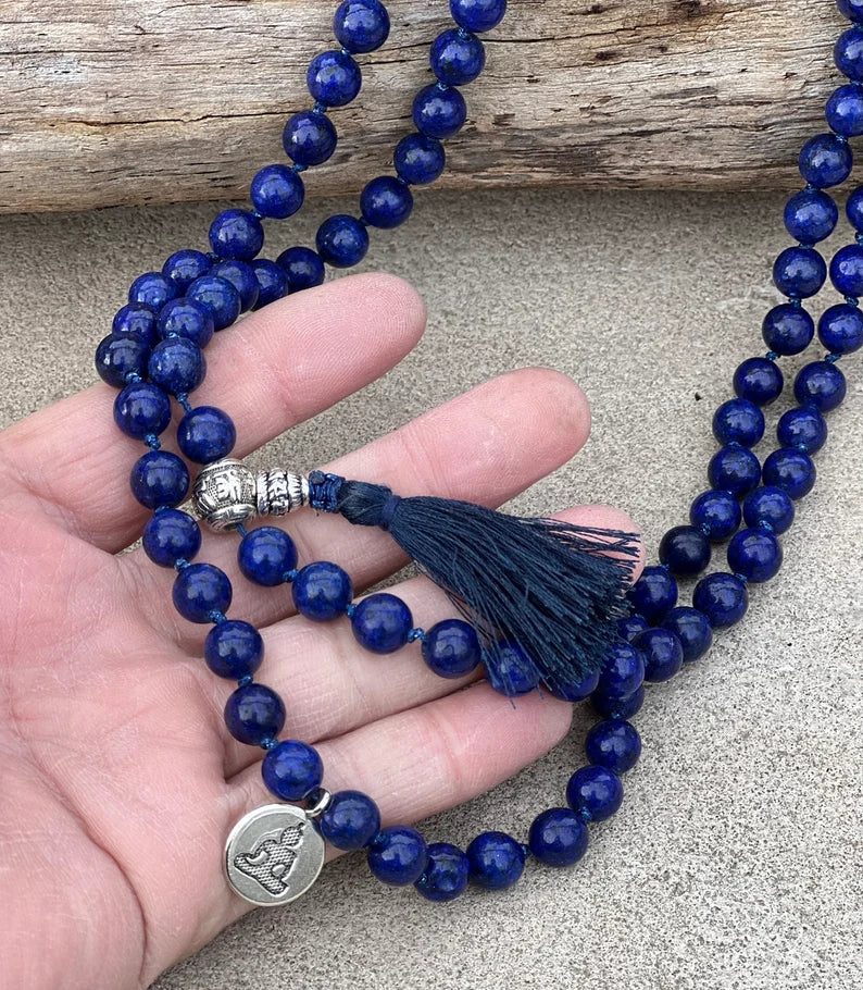 Tibetan Buddha Healing Stone 108 Beads Knotted Mala Prayer Meditation Yoga Chakra With Silver Guru Bead And Free Wooden Gift Box