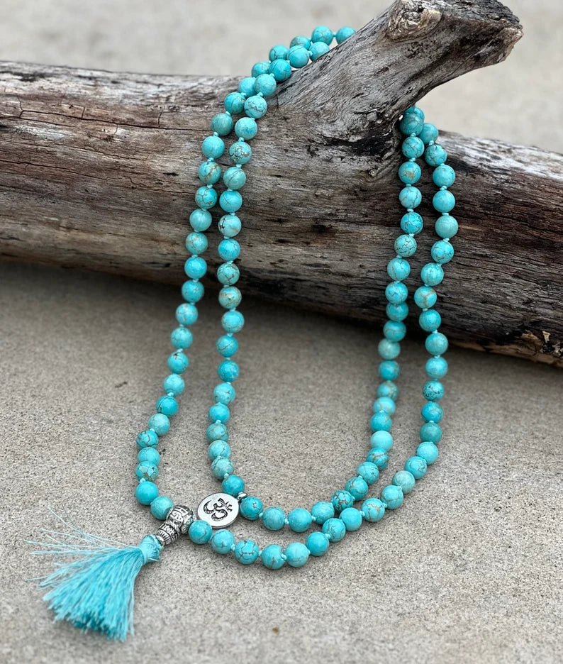 Tibetan Om Healing Stone 108 Beads Knotted Mala Prayer Meditation Yoga Chakra With Silver Guru Bead And Free Wooden Gift Box