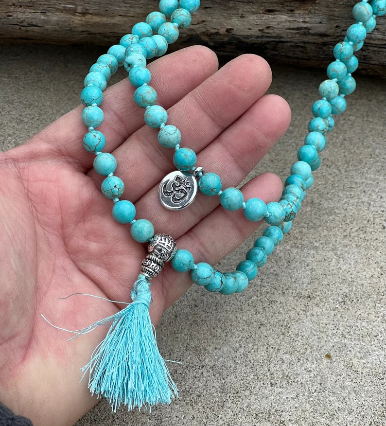 Tibetan Om Healing Stone 108 Beads Knotted Mala Prayer Meditation Yoga Chakra With Silver Guru Bead And Free Wooden Gift Box