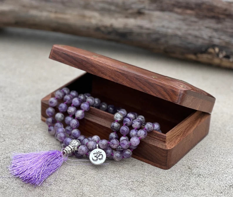 Tibetan Om Healing Stone 108 Beads Knotted Mala Prayer Meditation Yoga Chakra With Silver Guru Bead And Free Wooden Gift Box