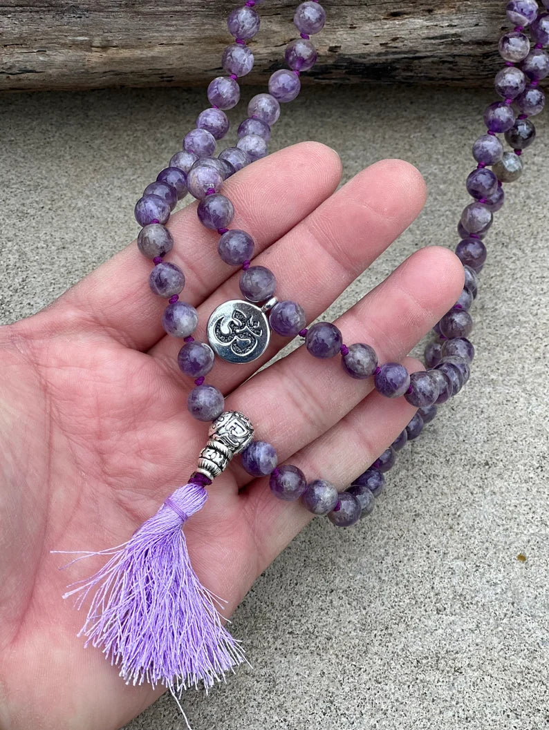 Tibetan Om Healing Stone 108 Beads Knotted Mala Prayer Meditation Yoga Chakra With Silver Guru Bead And Free Wooden Gift Box - DharmaObjects