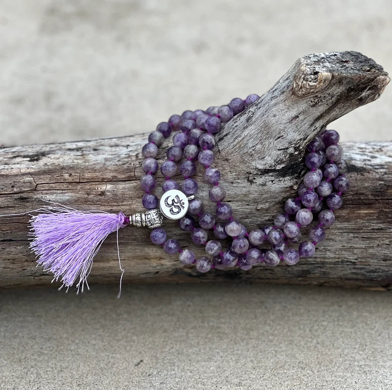 Tibetan Om Healing Stone 108 Beads Knotted Mala Prayer Meditation Yoga Chakra With Silver Guru Bead And Free Wooden Gift Box