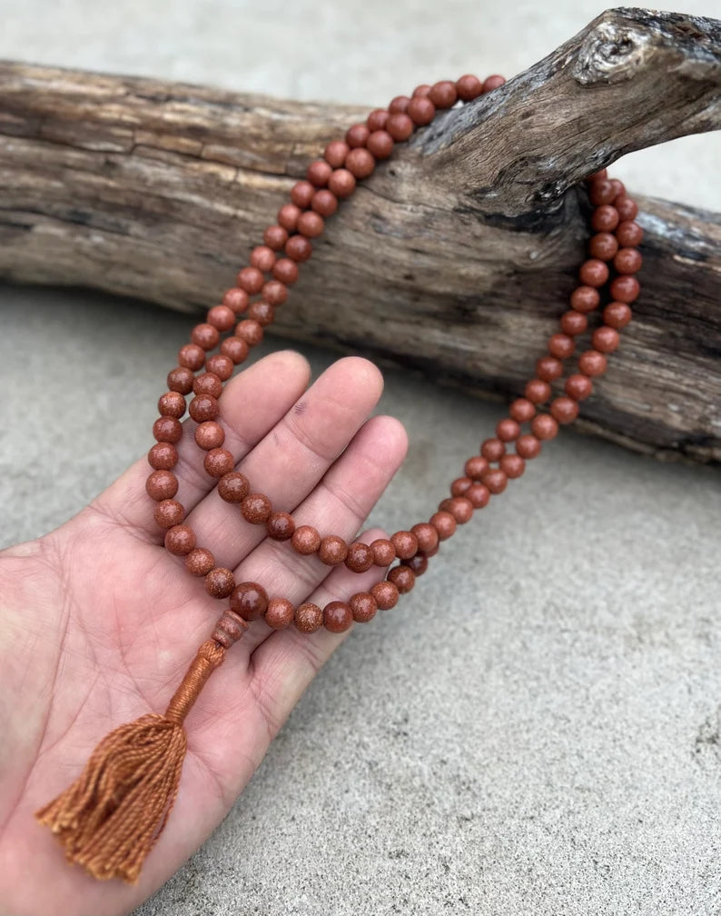 Tibetan Gold Stone Sand Stone 108 Beads Mala Rosary Meditation Yoga - Free Mala Pouch - DharmaObjects