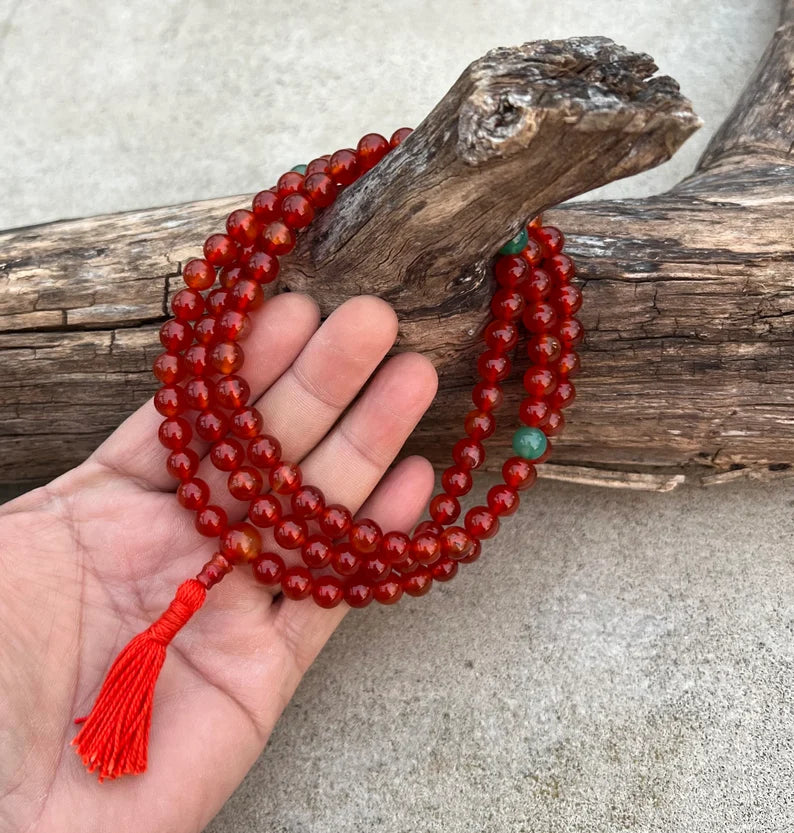 Tibetan Carnelian 108 Beads Mala Meditation Yoga With 3 Marker and Guru Bead With Free Silk Mala Pouch