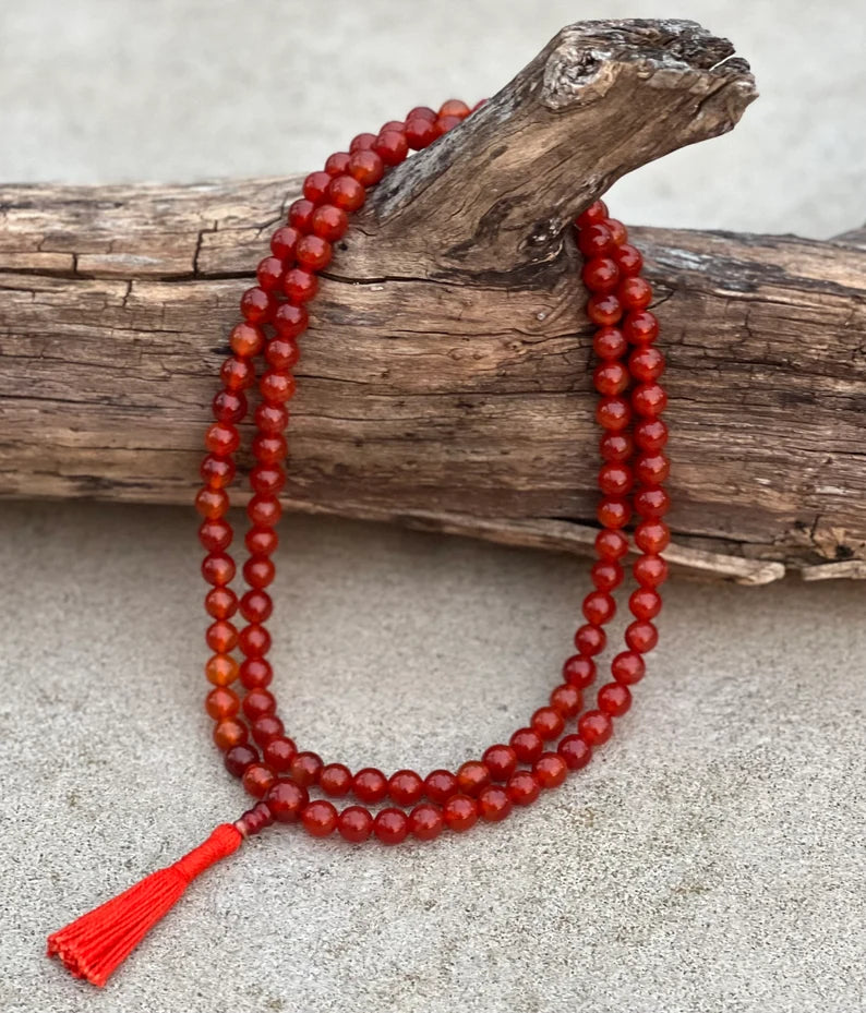 Tibetan Carnelian 108 Beads Mala Meditation Yoga With 3 Marker and Guru Bead With Free Silk Mala Pouch