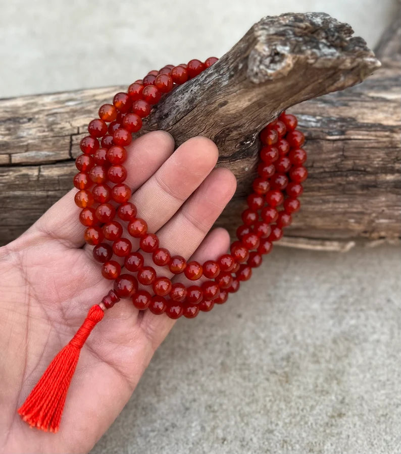 Tibetan Carnelian 108 Beads Mala Meditation Yoga With 3 Marker and Guru Bead With Free Silk Mala Pouch