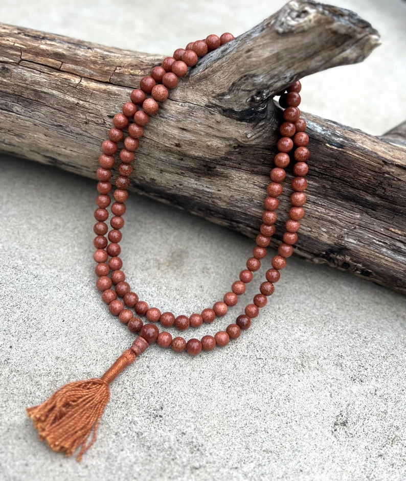 Tibetan Gold Stone Sand Stone 108 Beads Mala Rosary Meditation Yoga - Free Mala Pouch