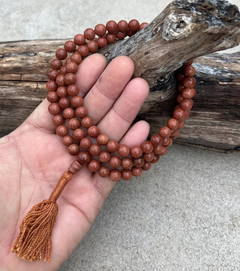 Tibetan Gold Stone Sand Stone 108 Beads Mala Rosary Meditation Yoga - Free Mala Pouch - DharmaObjects