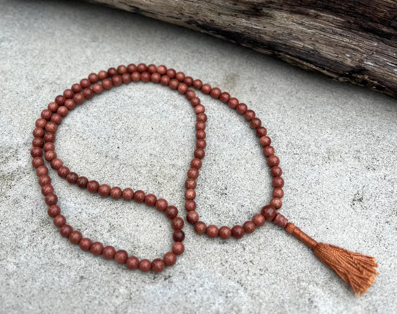 Tibetan Gold Stone Sand Stone 108 Beads Mala Rosary Meditation Yoga - Free Mala Pouch - DharmaObjects