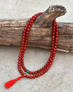 Tibetan Carnelian 108 Beads Mala Meditation Yoga With 3 Marker and Guru Bead With Free Silk Mala Pouch - DharmaObjects