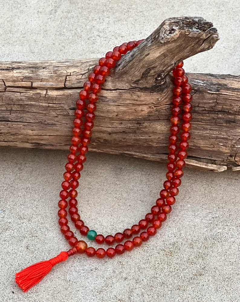 Tibetan Carnelian 108 Beads Mala Meditation Yoga With 3 Marker and Guru Bead With Free Silk Mala Pouch - DharmaObjects