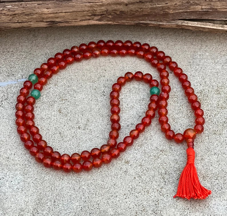 Tibetan Carnelian 108 Beads Mala Meditation Yoga With 3 Marker and Guru Bead With Free Silk Mala Pouch