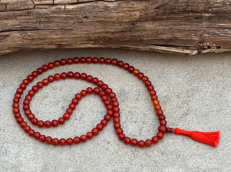 Tibetan Carnelian 108 Beads Mala Meditation Yoga With 3 Marker and Guru Bead With Free Silk Mala Pouch - DharmaObjects